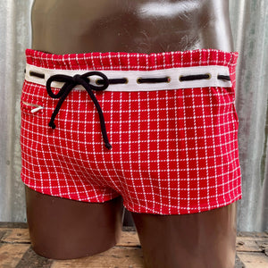 1970s Men's Vintage Swimming Trunks Retro Red White Check Sz M / L - OOAK - Phoenix Menswear