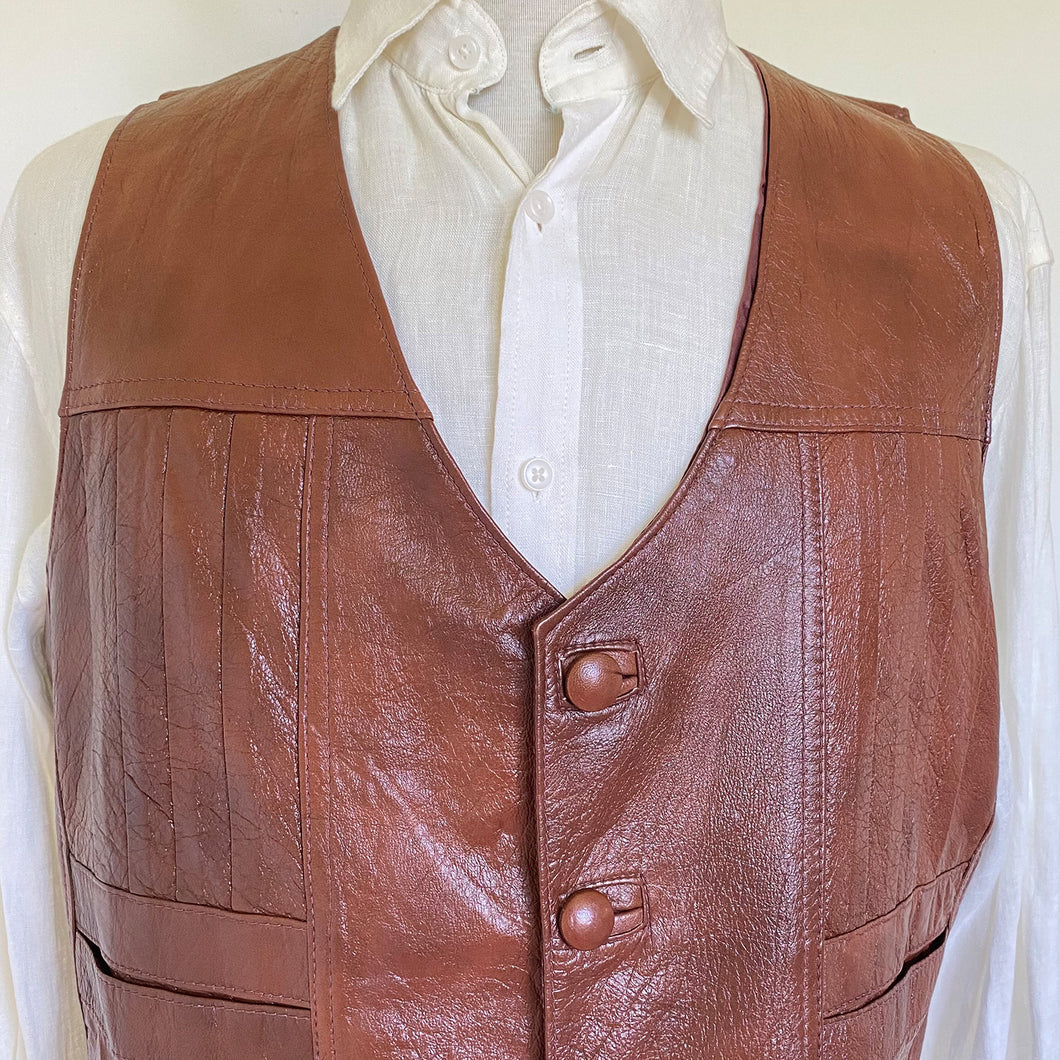 1970s Vintage Leather Vest in Tan Sz XL - OOAK