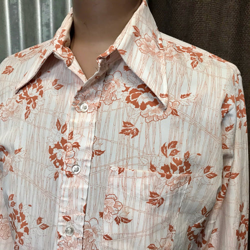 1970'sVintage Brown Cream Floral 1970's L/S Shirt Sz L - OOAK - Phoenix Menswear