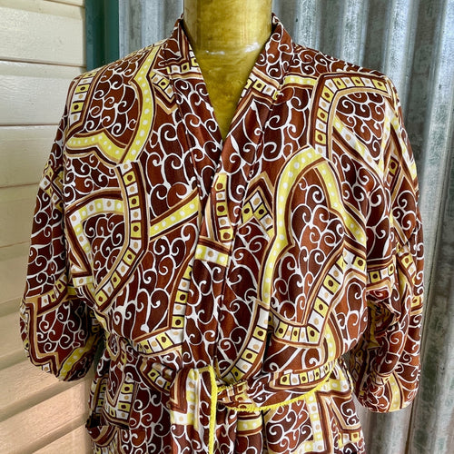 1970's Groovy Vintage Gown Cotton Brown Patterned Yellow Towelling Lining Pockets One Size - OOAK - Phoenix Menswear