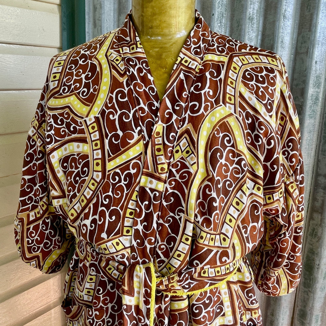 1970's Groovy Vintage Gown Cotton Brown Patterned Yellow Towelling Lining Pockets One Size - OOAK - Phoenix Menswear