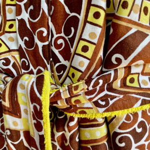 1970's Groovy Vintage Gown Cotton Brown Patterned Yellow Towelling Lining Pockets One Size - OOAK - Phoenix Menswear