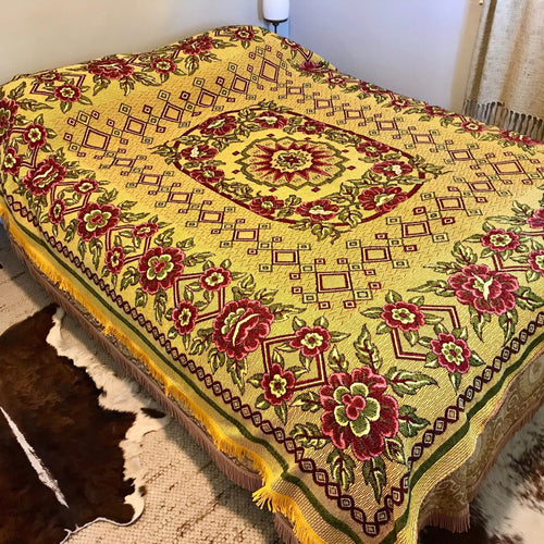 1980's Vintage Bed Cover Yellow Red Floral Woven Fringed Queen / Double Bed Blanket - OOAK - Phoenix Menswear