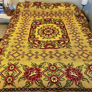 1980's Vintage Bed Cover Yellow Red Floral Woven Fringed Queen / Double Bed Blanket - OOAK - Phoenix Menswear