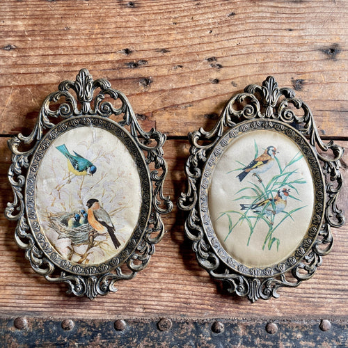 1960's Vintage Italian Set of Two Mini Metal Oval Framed Silk Paintings Birds Picture Frames Small Pair Made in Italy - OOAK - Phoenix Menswear