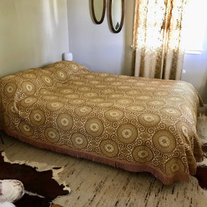 1970's Vintage Bed Cover Gold Medallion Fringed Queen / Double Bed Blanket - OOAK - Phoenix Menswear