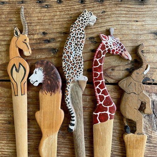 1970's Vintage Set of Five Handmade Bookmarks Wooden Animals Safari Elephant Cheetah Giraffe Lion Buck Africa Game - OOAK - Phoenix Menswear