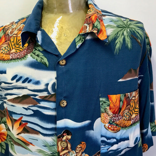 1980's Kennington Hawaiian S/S Rayon Shirt Blue Sz XL - OOAK - Phoenix Menswear