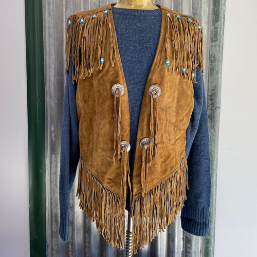 1970's Vintage Running Bear Tan Suede Vest Fringed Beaded Sz XXL - OOAK - Phoenix Menswear