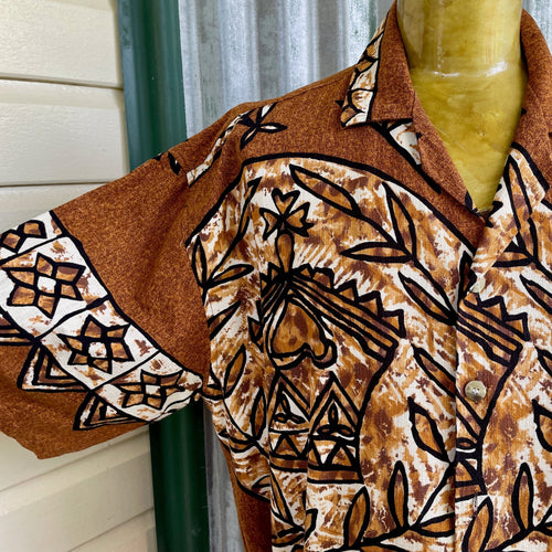 1980's Hawaiian Bark Cloth S/S Shirt Brown Black Floral Bird Pattern Sz XXL - OOAK - Phoenix Menswear