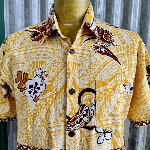 1970's Hawaiian Bark Cloth S/S Shirt Yellow Brown Black White Floral Design Sz M - OOAK - Phoenix Menswear