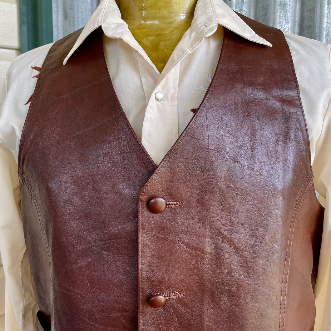 1970s Vintage Leather Vest Brown Pockets Albuquerque USA Sz XL - OOAK - Phoenix Menswear