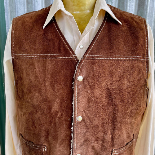 1970's Vintage Sears Suede Leather Sherpa Vest Brown Snaps Sz L - OOAK - Phoenix Menswear