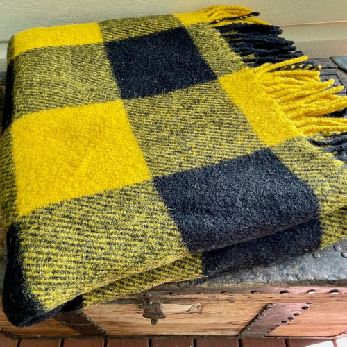 1970's Vintage Wool Blanket 'Onkaparinga' Australia Throw Knee Warmer Yellow Black Check Fringed - OOAK - Phoenix Menswear