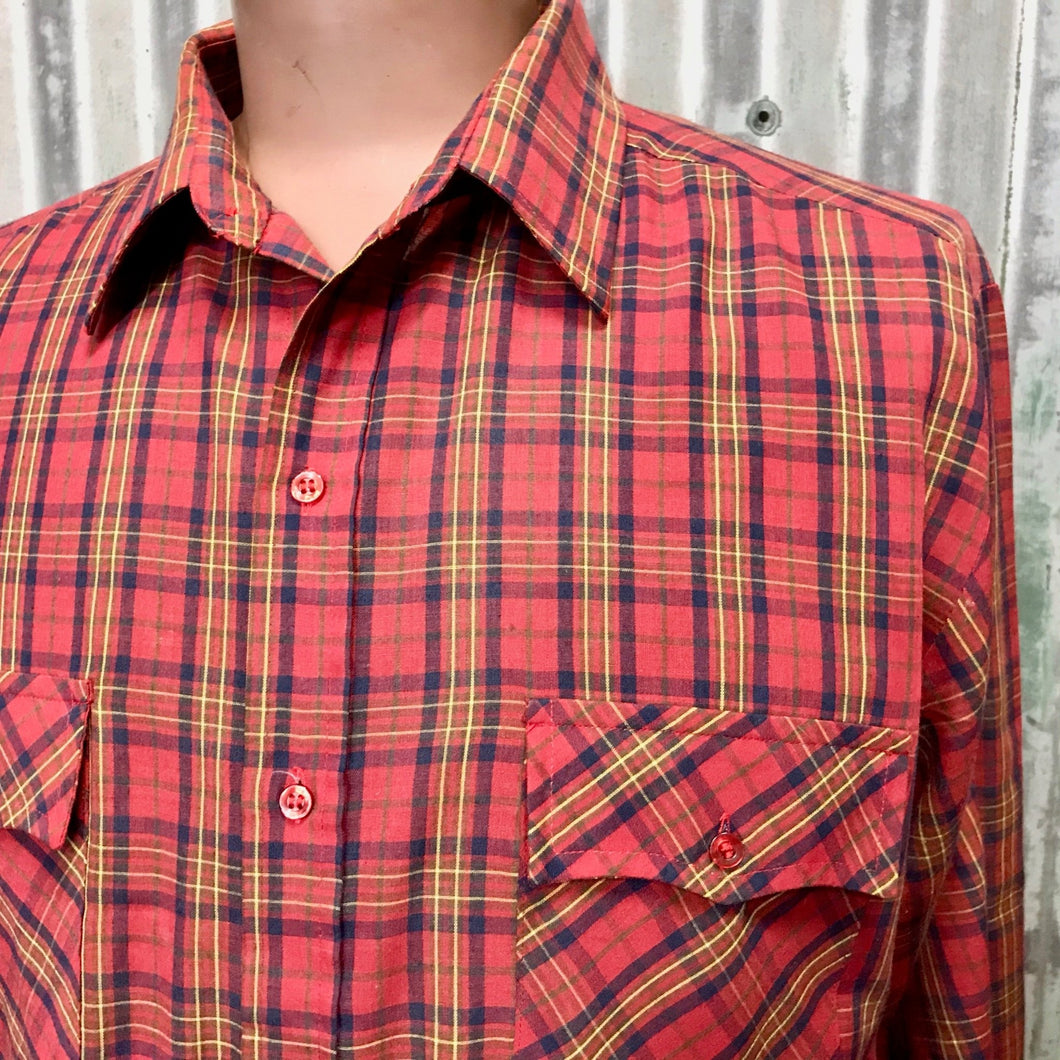 1970's Vintage Sears Western Shirt Red Blue White Check L/S Sz L