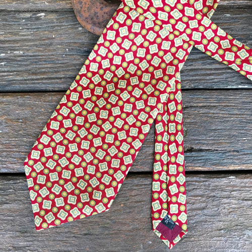 1970's Vintage Necktie - Silk Red with Green & Yellow Design - OOAK - Phoenix Menswear