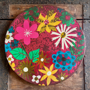 1970's Vintage Floral Retro Tin Round Thin Pink Yellow Blue - OOAK - Phoenix Menswear