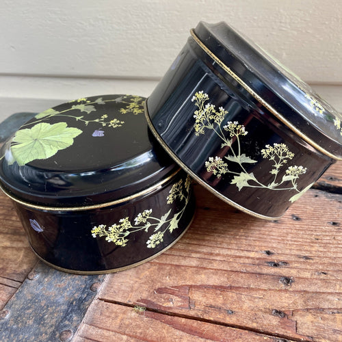 1960's Vintage Set of 2 Floral Tins Round Black Floral Made in England - OOAK - Phoenix Menswear
