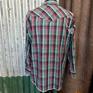 1970's Vintage Western Wrangler L/S Shirt Red Green Purple Check Sz M - OOAK - Phoenix Menswear