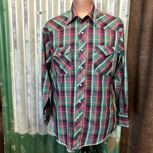 1970's Vintage Western Wrangler L/S Shirt Red Green Purple Check Sz M - OOAK - Phoenix Menswear