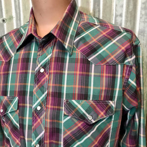 1970's Vintage Western Wrangler L/S Shirt Red Green Purple Check Sz M - OOAK - Phoenix Menswear