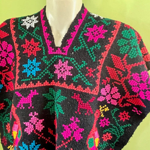1970's Vintage Unisex Woven Embroidered Wool Poncho / Vest Guatemalan Floral Design Red Green Blue One Size - OOAK - Phoenix Menswear