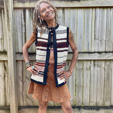 Load image into Gallery viewer, 1970&#39;s Women&#39;s Striped Knit Wool Vest Cardigan Jumper Cream Black Brown Sz M - OOAK - Phoenix Menswear