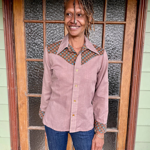 1970's Women's Vintage Western Cowgirl L/S Shirt Brown Blue Orange Sz S - OOAK - Phoenix Menswear