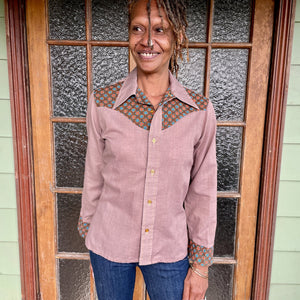 1970's Women's Vintage Western Cowgirl L/S Shirt Brown Blue Orange Sz S - OOAK - Phoenix Menswear