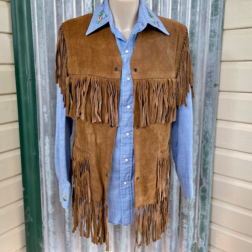 1970s Vintage Unisex Tan Suede Leather Fringed Vest Handmade Boho Hippie Sz M - OOAK - Phoenix Menswear