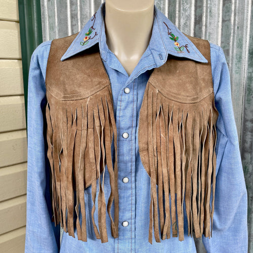 1970s Vintage Cropped Camel Suede Leather Fringed Vest Handmade Boho Hippie Sz S - OOAK - Phoenix Menswear