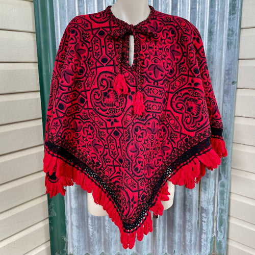 1970's Vintage Handmade Unisex Wool Poncho Black Red Ornate Design Fringe One Size - OOAK - Phoenix Menswear