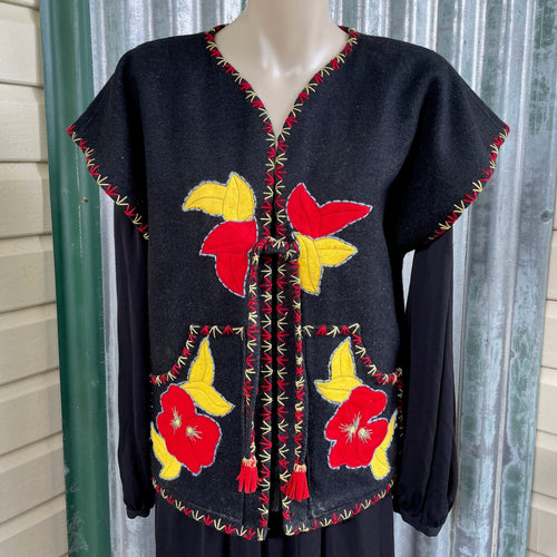 1970's Women's Black Wool Vest Handmade Red Yellow Embroidered Applique Flowers Sz M - OOAK - Phoenix Menswear