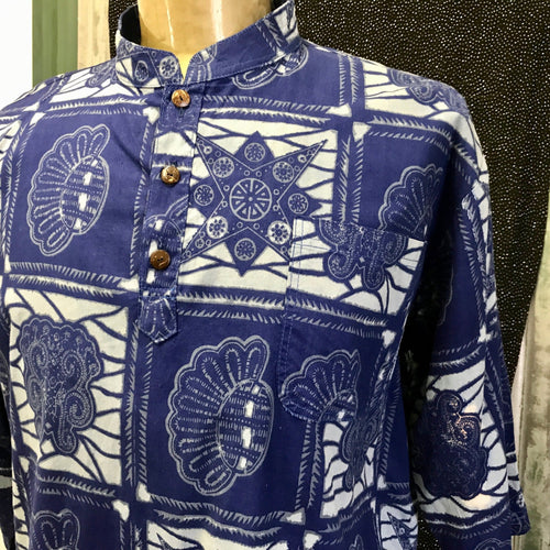 African Batik Print Blue White S/S Shirt Sz L - OOAK - Phoenix Menswear