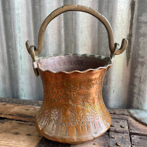 Antique 1920's Copper Etched Flower Pot Cache Pot Bucket Middle Eastern Decor Scalloped Planter - OOAK - Phoenix Menswear