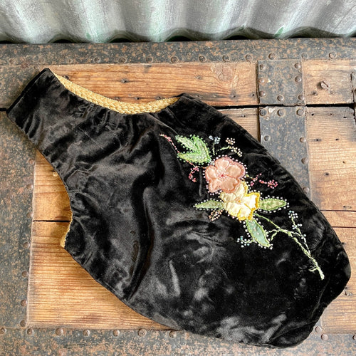 Antique 1930's Black Velvet Handmade Embroidered Flowers Purse - OOAK - Phoenix Menswear