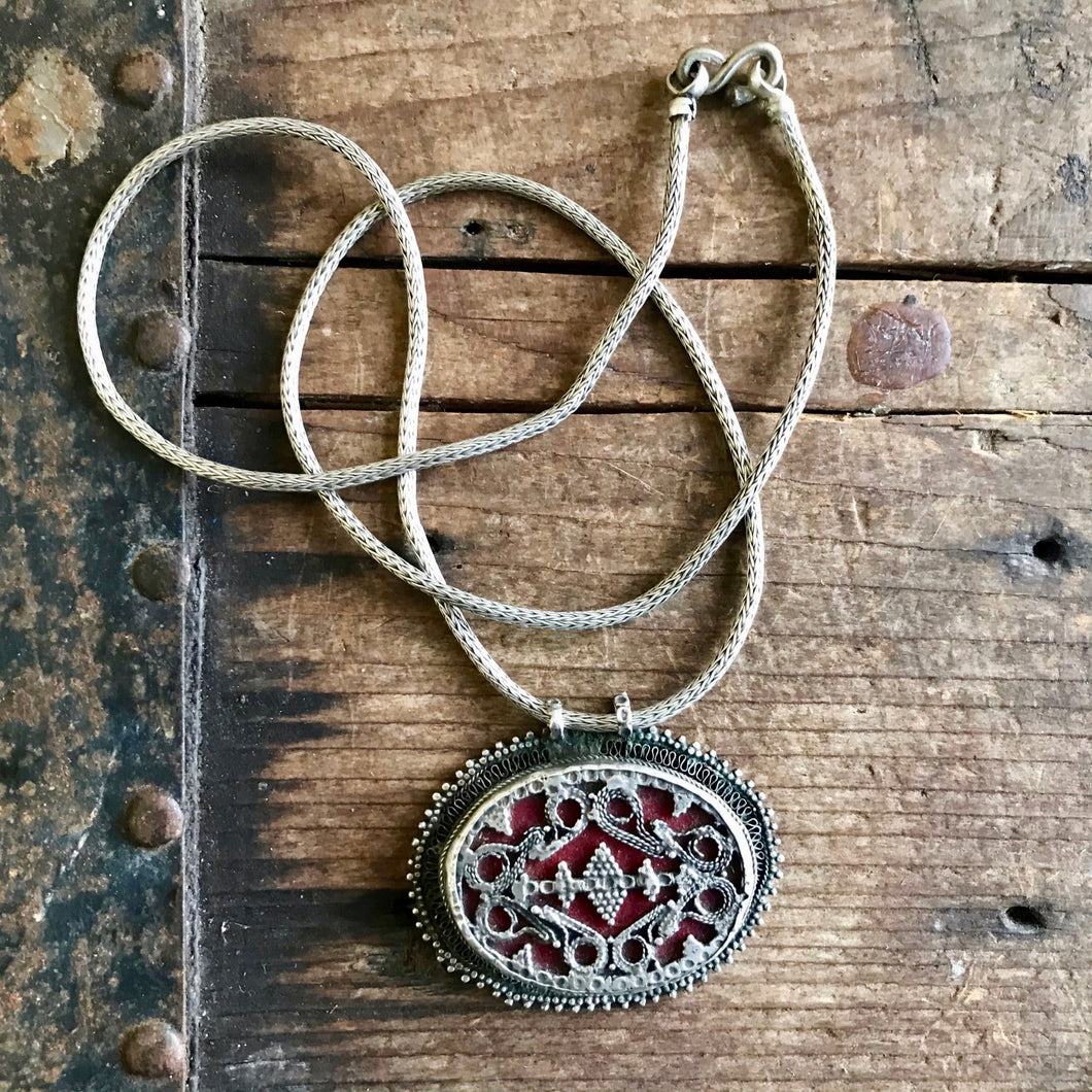 Antique Silver Handmade Filigree Silver Red Stone Pendant & Snake Chain - OOAK - Phoenix Menswear