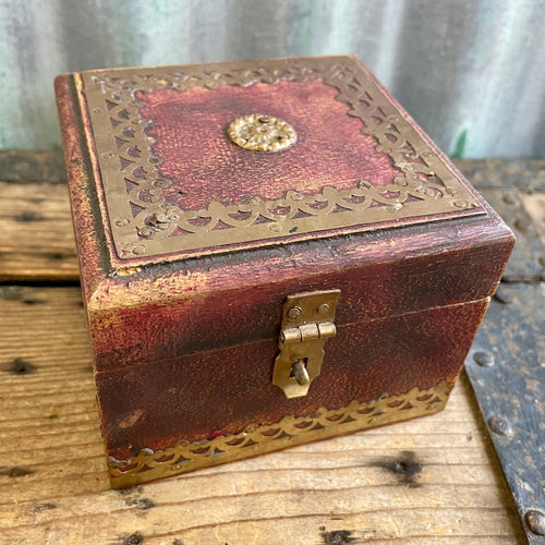 Antique Square Wooden Trinket Box with Brass Decoration - OOAK - Phoenix Menswear