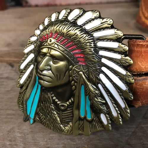 Belt Buckle - Brass Native American Indian #1 - Phoenix Menswear