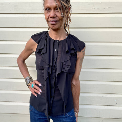 Black Chiffon Bardot Soft Button Up Frill Blouse Sheer Sleeveless Top Sz 8 - OOAK - Phoenix Menswear