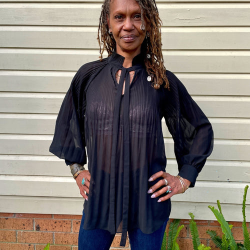 Black Chiffon Indikah Pleated V-Neck Blouse Sheer L/S Top Sz 8 - OOAK - Phoenix Menswear