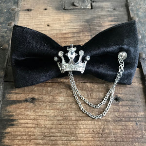 Black Velvet Bow Tie with Crown Jewellery and Chain - Steampunk - Phoenix Menswear