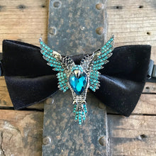 Load image into Gallery viewer, Black Velvet Bow Tie with Silver and Blue Jewelled Bird - Phoenix Menswear