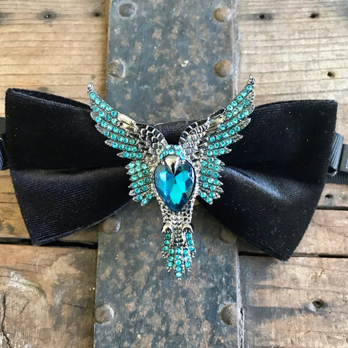 Black Velvet Bow Tie with Silver and Blue Jewelled Bird - Phoenix Menswear