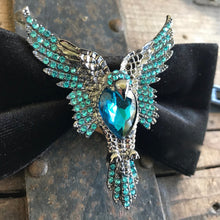 Load image into Gallery viewer, Black Velvet Bow Tie with Silver and Blue Jewelled Bird - Phoenix Menswear