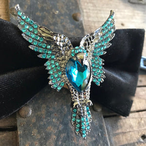 Black Velvet Bow Tie with Silver and Blue Jewelled Bird - Phoenix Menswear