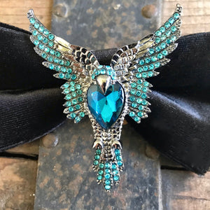 Black Velvet Bow Tie with Silver and Blue Jewelled Bird - Phoenix Menswear