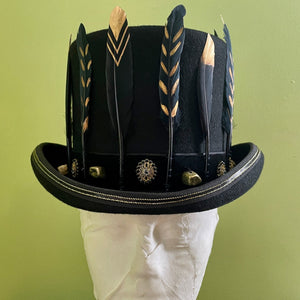 Black Wool Felt Top Hat Immortal Kraft Hand Made Black Gold Feather Trim Unisex Sz S - OOAK - Phoenix Menswear