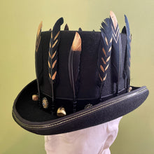 Load image into Gallery viewer, Black Wool Felt Top Hat Immortal Kraft Hand Made Black Gold Feather Trim Unisex Sz S - OOAK - Phoenix Menswear