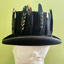 Load image into Gallery viewer, Black Wool Felt Top Hat Immortal Kraft Hand Made Black Gold Feather Trim Unisex Sz S - OOAK - Phoenix Menswear